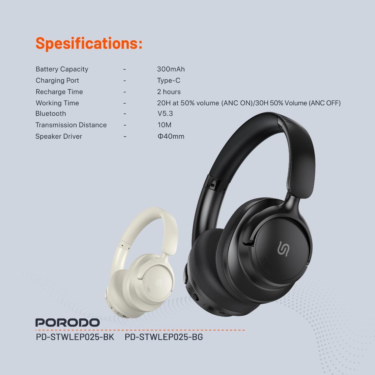 Porodo  Zen Active Noise-Cancellation Wireless Headphones