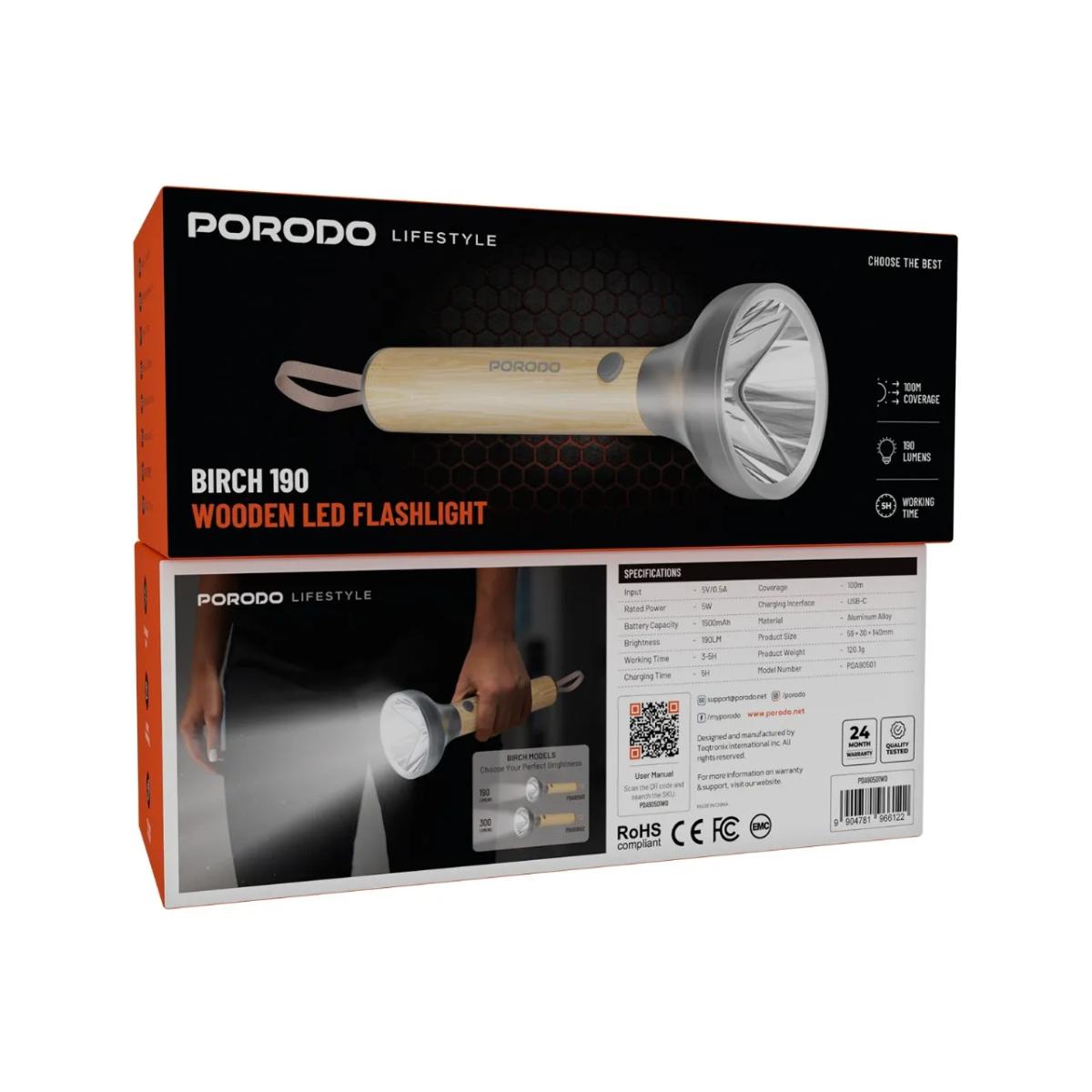 Porodo Lifestyle Birch 190 Wooden LED Flashlight