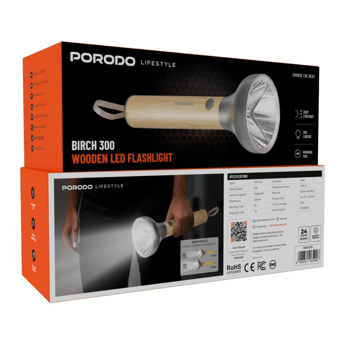 Porodo Lifestyle Birch 300 Wooden LED Flashlight