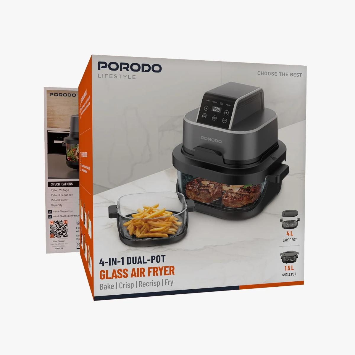 Porodo  4 in 1 Dual-Pot Glass Air Fryer