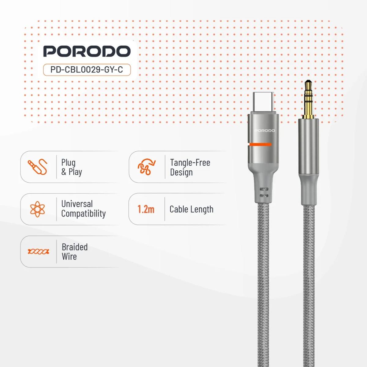 Porodo AUX To Type-C  LED Light Cable