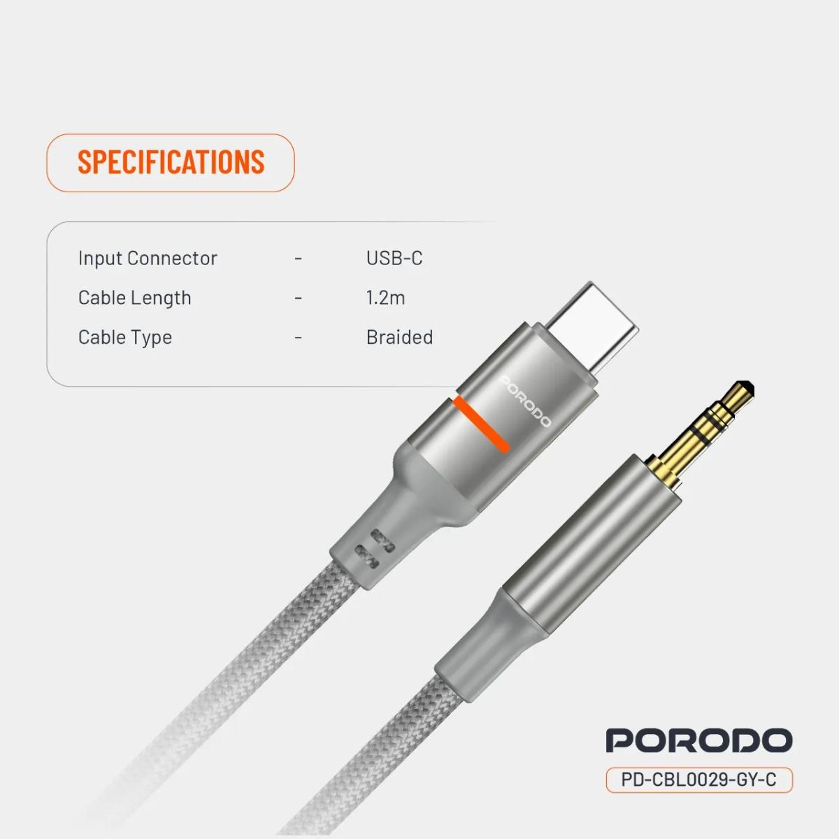 Porodo AUX To Type-C  LED Light Cable