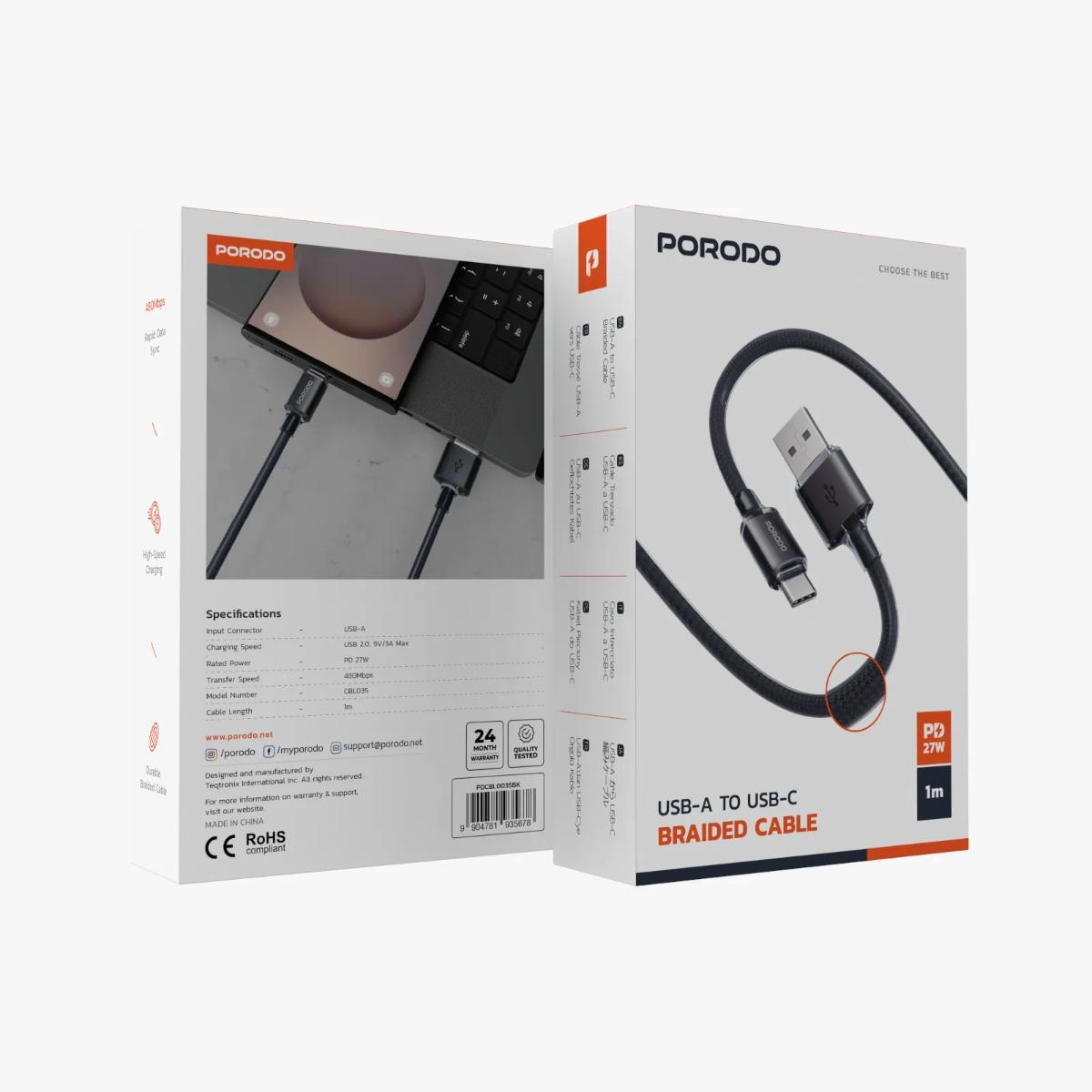 Porodo USB-A TO USB-C Braided Cable
