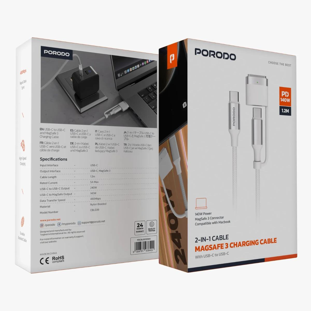 Porodo 2-In-1 Cable MagSafe 3 Charging Cable