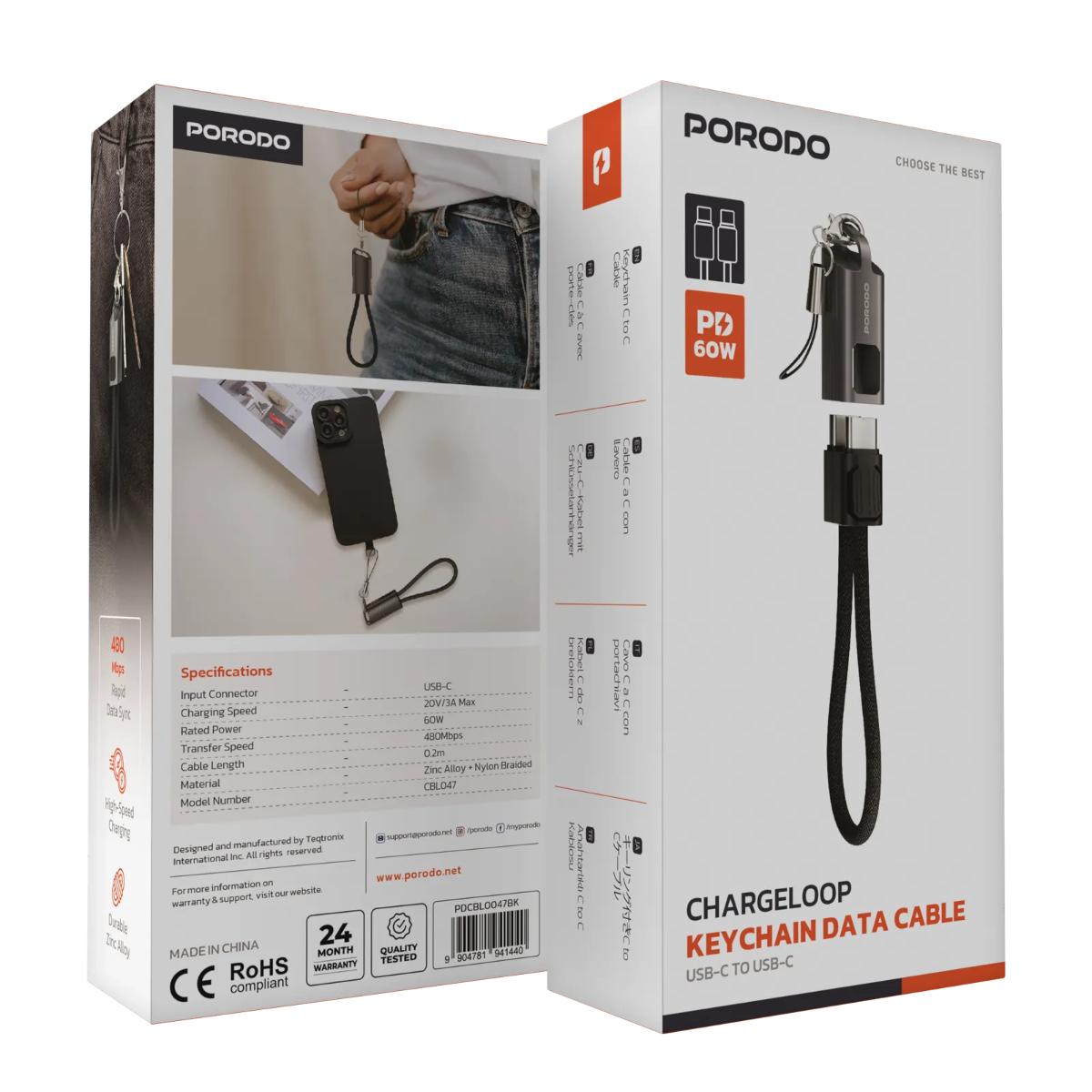 Porodo Chargeloop Keychain USB-C Cable (60W)