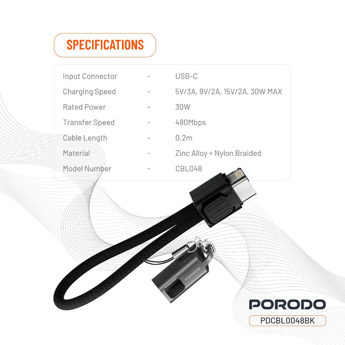 Porodo Chargeloop 30W Keychain USB-C to Lightning Cable