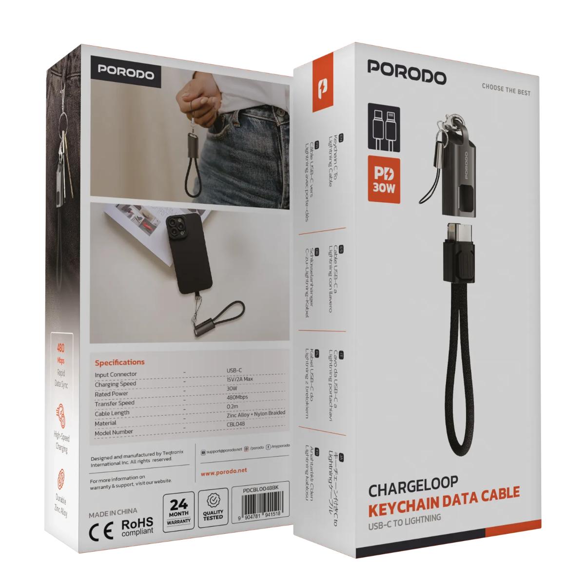 Porodo Chargeloop 30W Keychain USB-C to Lightning Cable