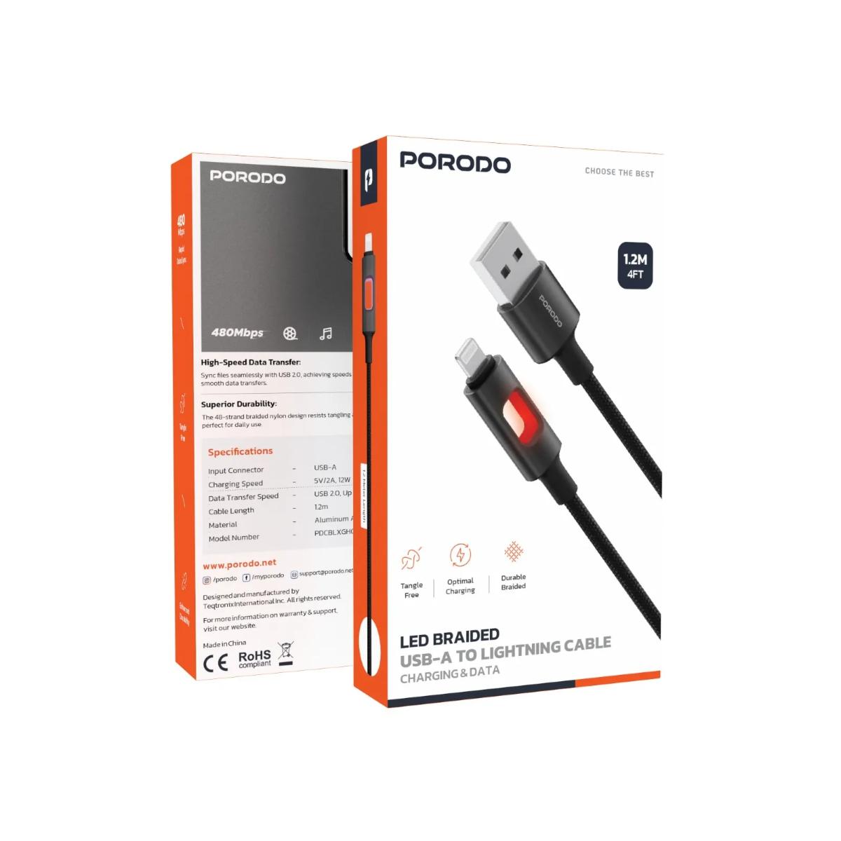 Porodo 1.2m LED Braided USB-A to Lightning Cable