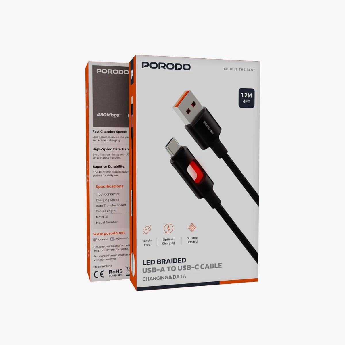 Porodo 1.2m LED Braided USB-A to USB-C Cable