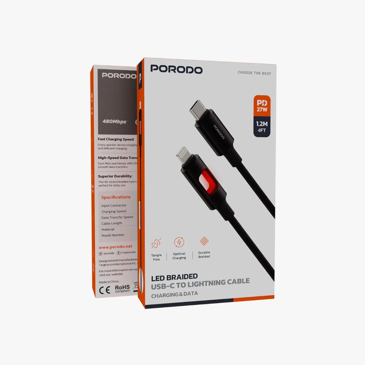Porodo 27W USB-C to Lightning LED Braided Cable