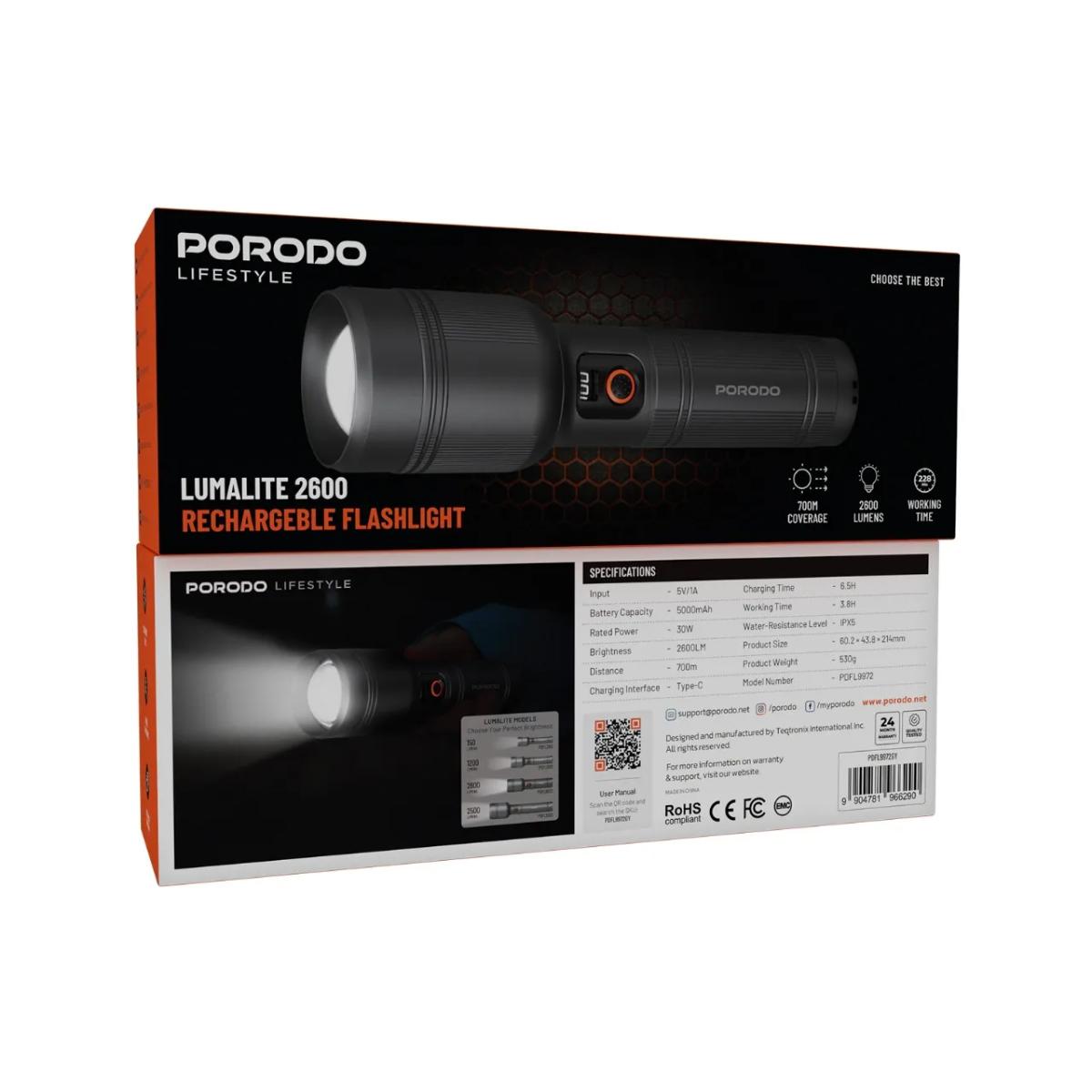 Porodo Lifestyle Lumalite 2600 Rechargeable Flashlight