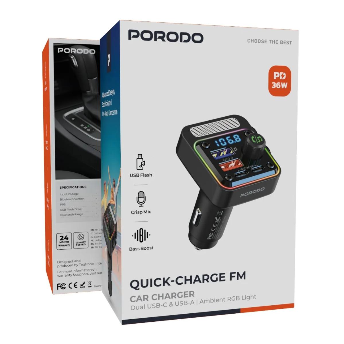 Porodo Quick-Charge FM Car Charger Dual USB-C & USB-A