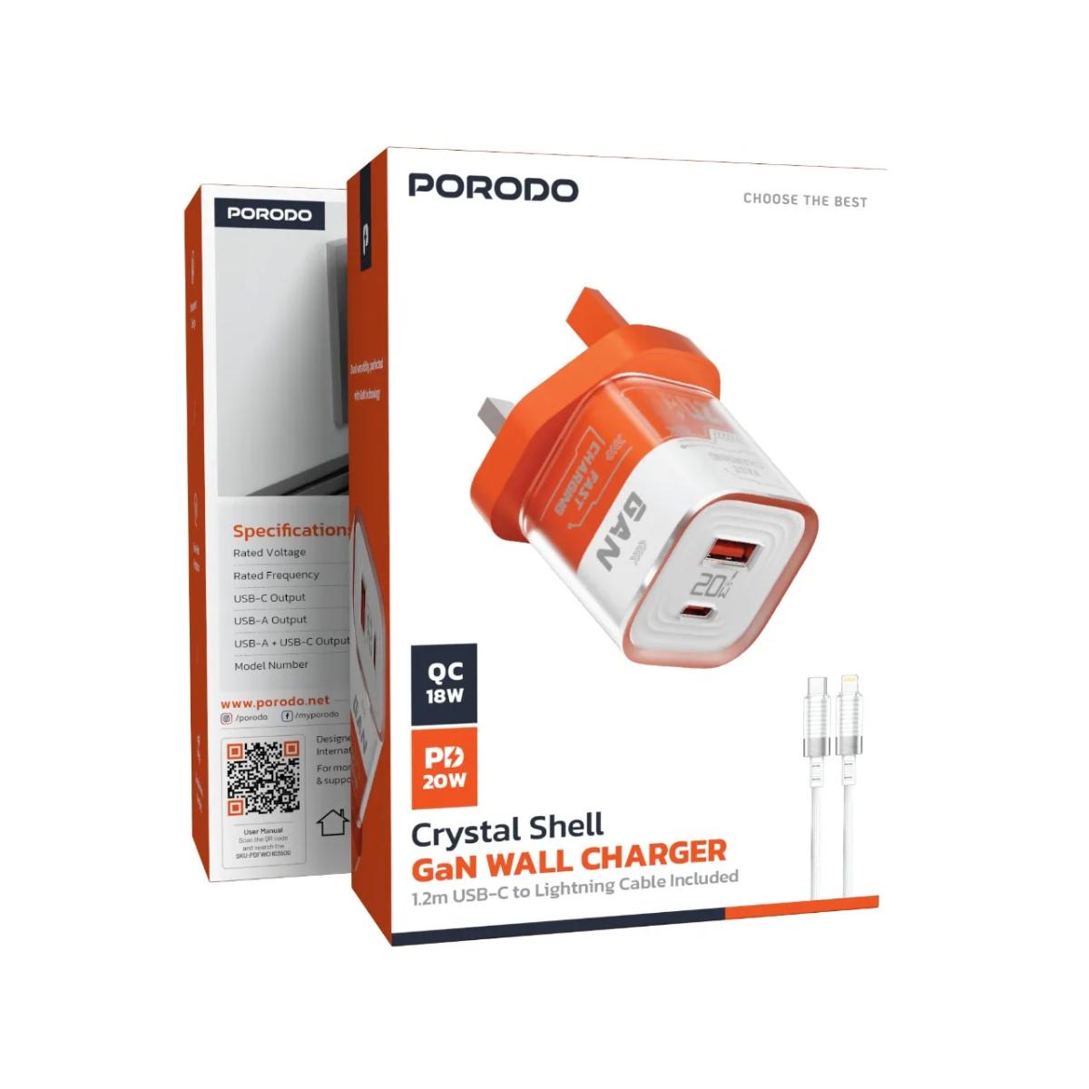 Porodo Crystal Shell 20W GaN Wall Charger