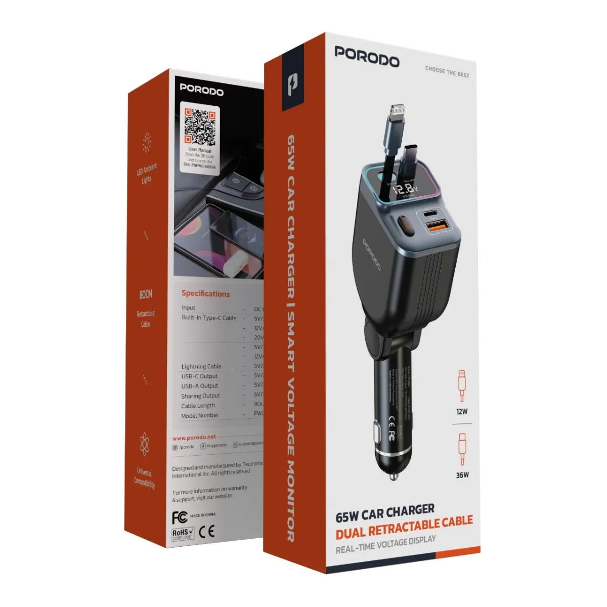 Porodo 65W Car Charger Dual  Retractable Cable