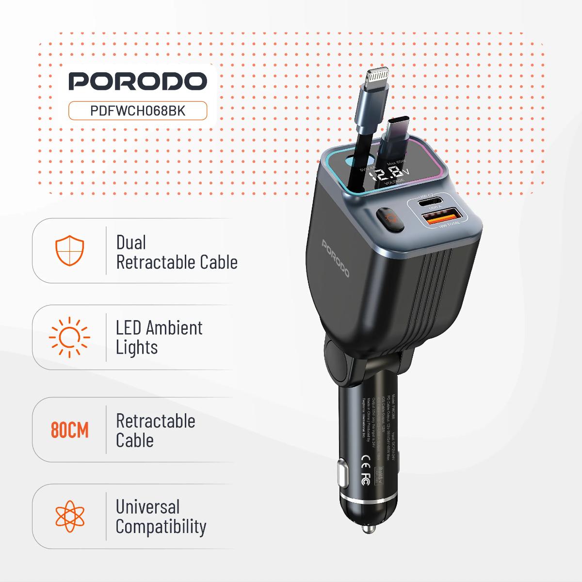Porodo 65W Car Charger Dual  Retractable Cable