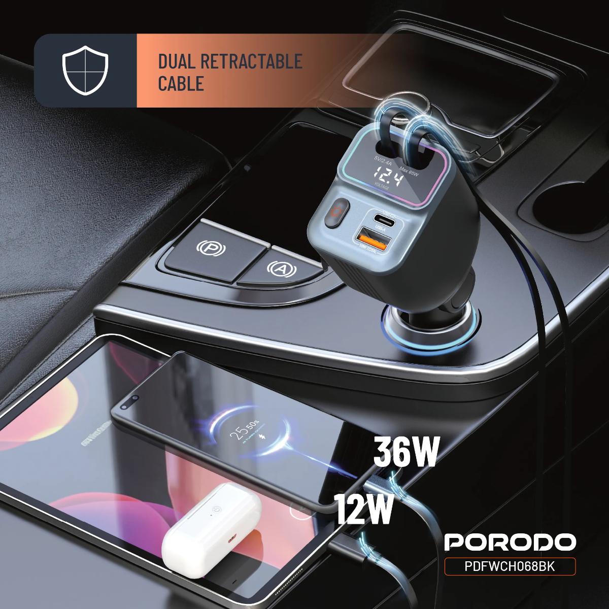 Porodo 65W Car Charger Dual  Retractable Cable