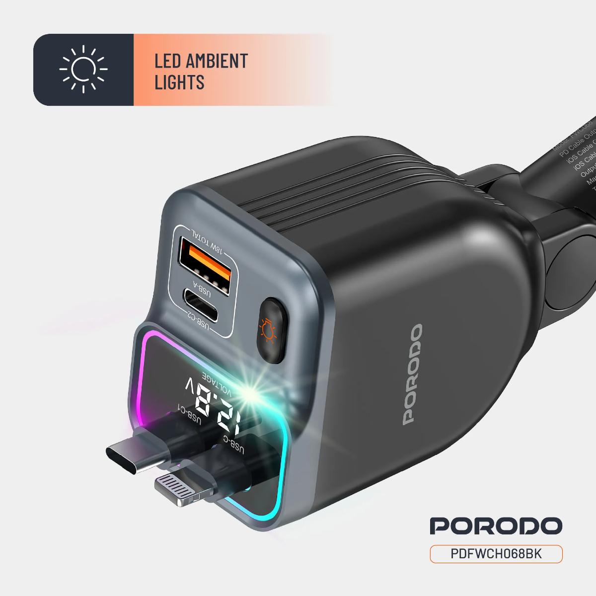 Porodo 65W Car Charger Dual  Retractable Cable