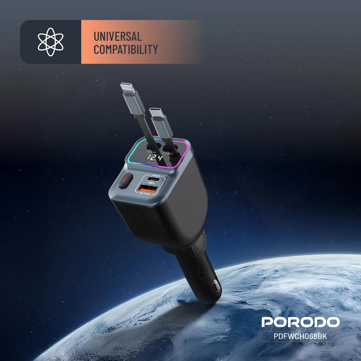 Porodo 65W Car Charger Dual  Retractable Cable