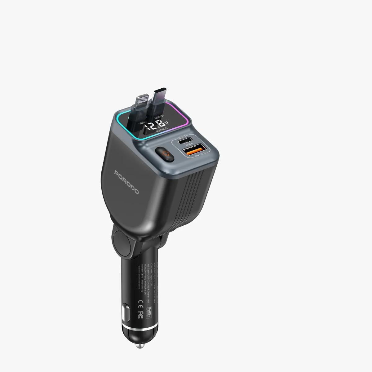 Porodo 65W Car Charger Dual  Retractable Cable