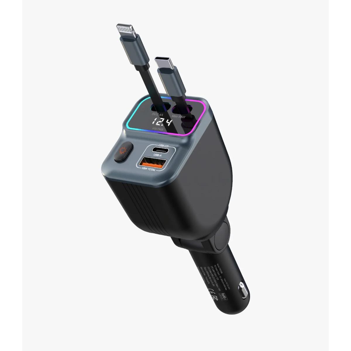 Porodo 65W Car Charger Dual  Retractable Cable