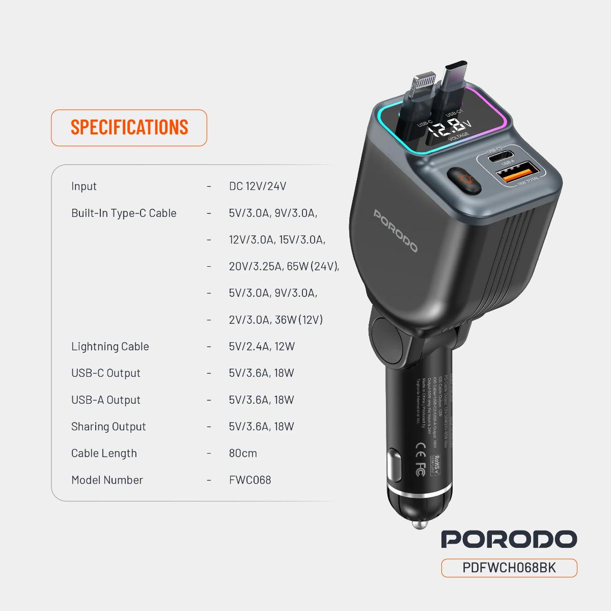 Porodo 65W Car Charger Dual  Retractable Cable