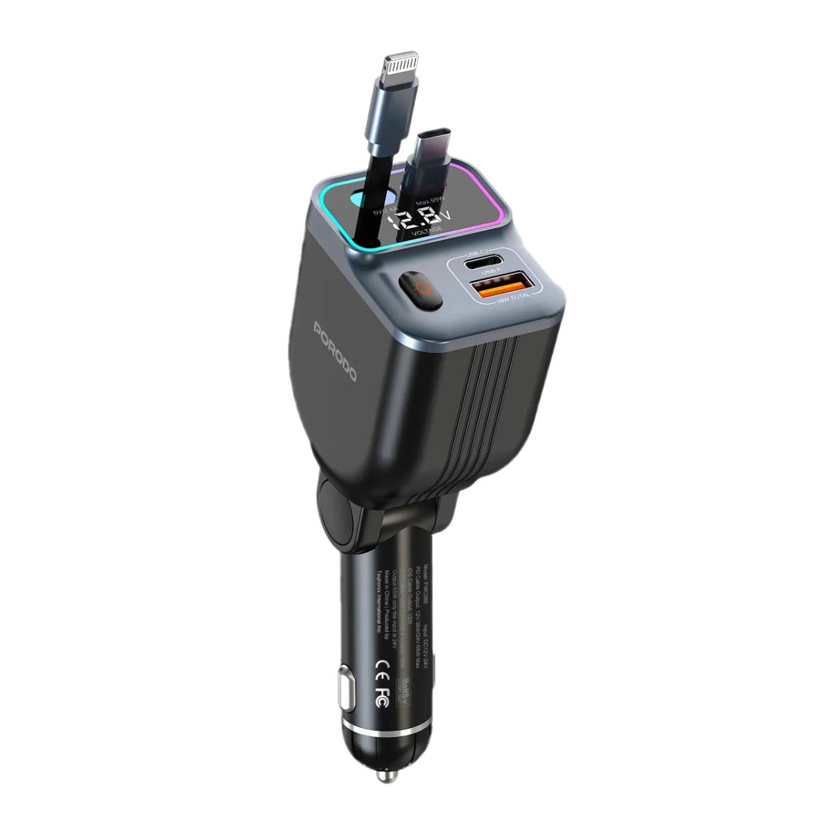 Porodo 65W Car Charger Dual  Retractable Cable