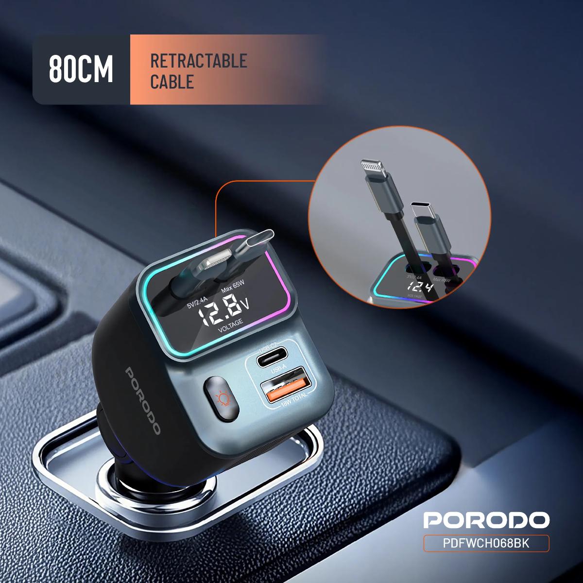 Porodo 65W Car Charger Dual  Retractable Cable