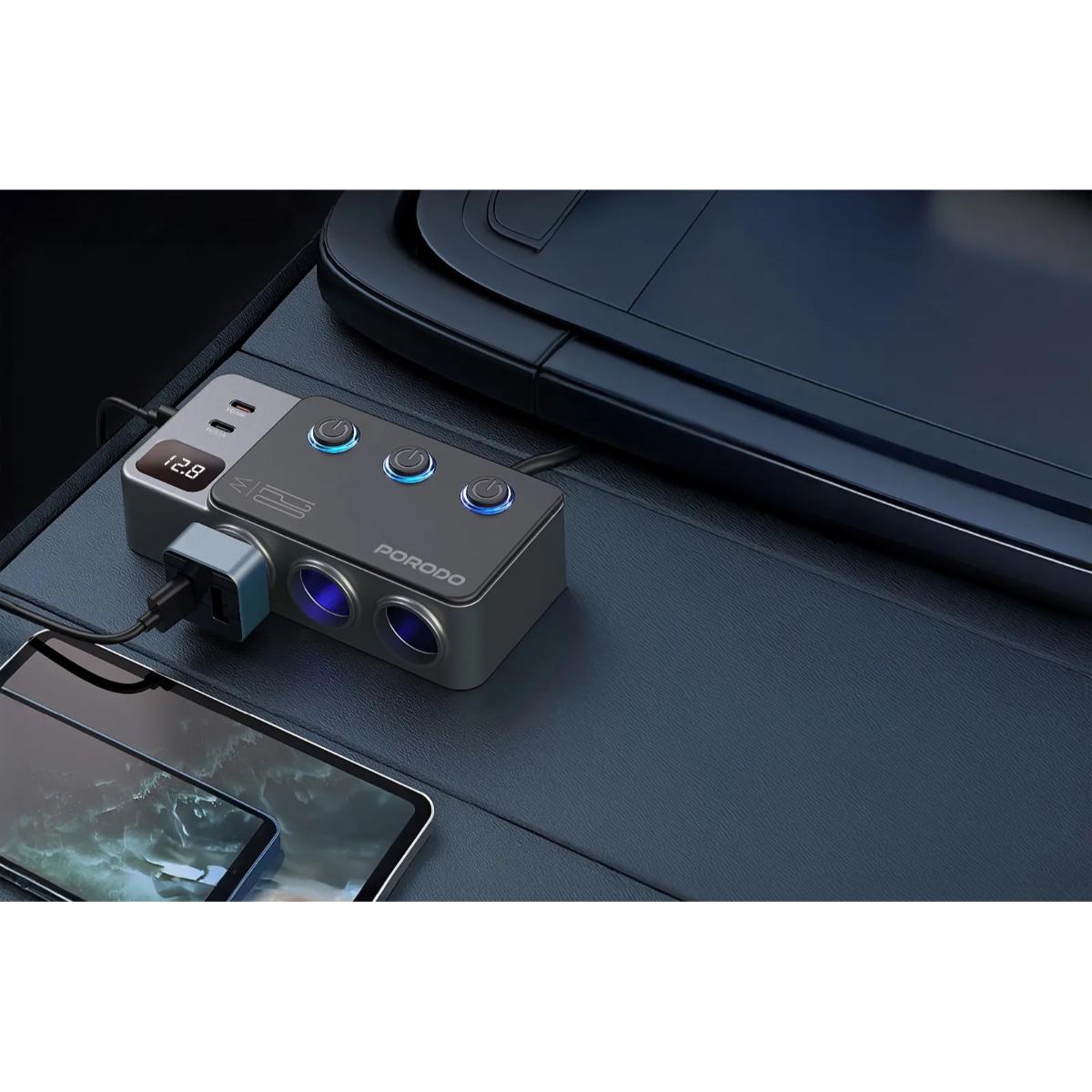 Porodo 120W Car Charger Hub Triple-Port Lighter Socket