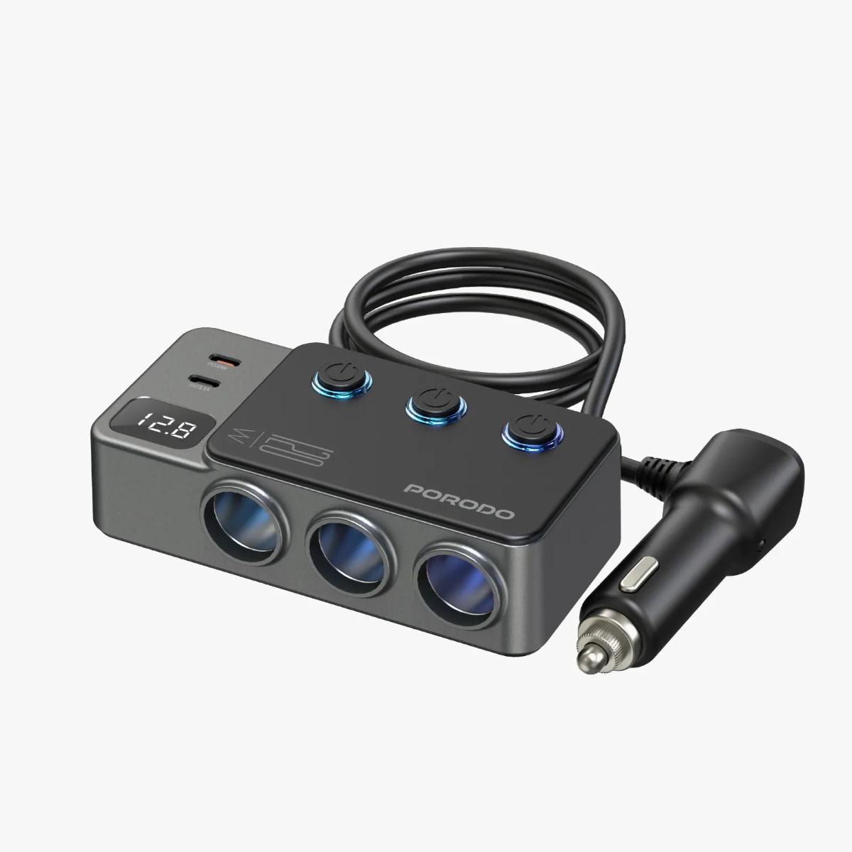 Porodo 120W Car Charger Hub Triple-Port Lighter Socket