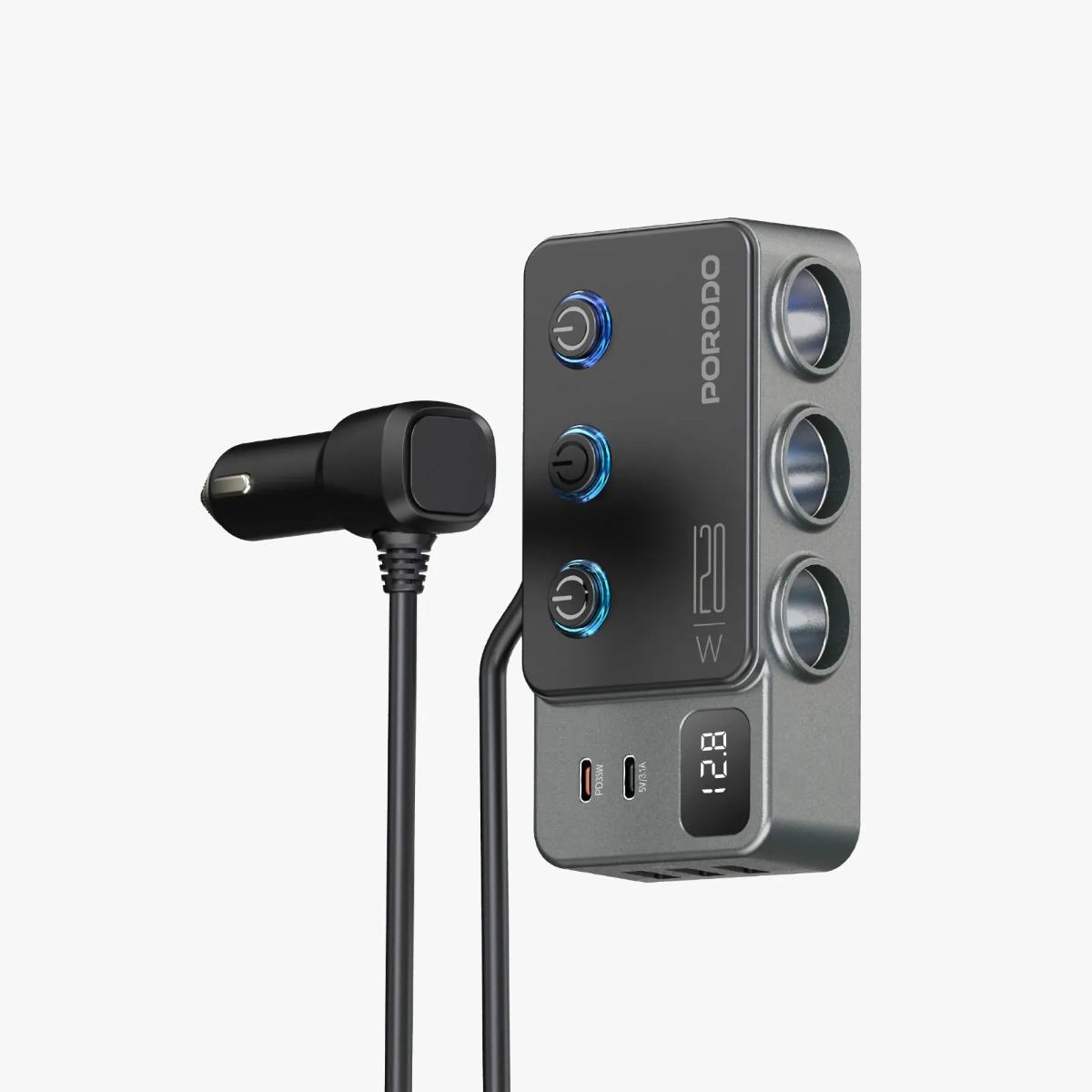 Porodo 120W Car Charger Hub Triple-Port Lighter Socket