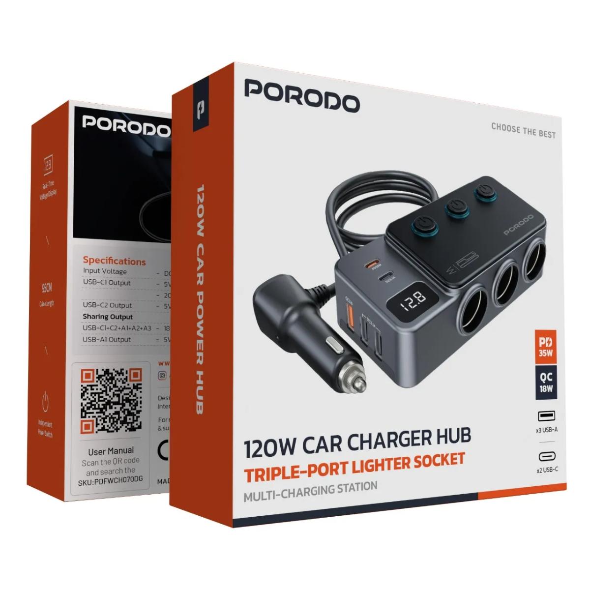 Porodo 120W Car Charger Hub Triple-Port Lighter Socket