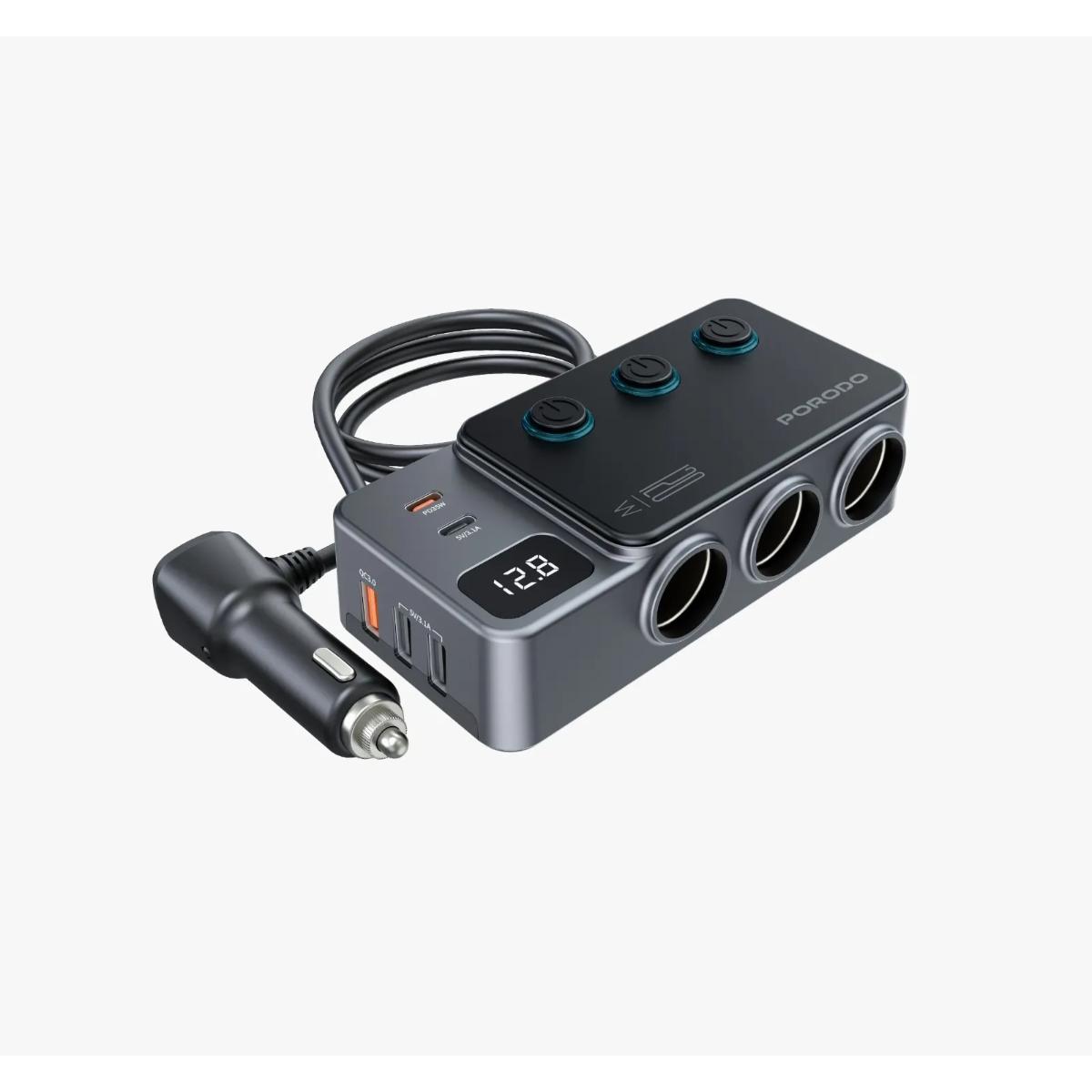 Porodo 120W Car Charger Hub Triple-Port Lighter Socket