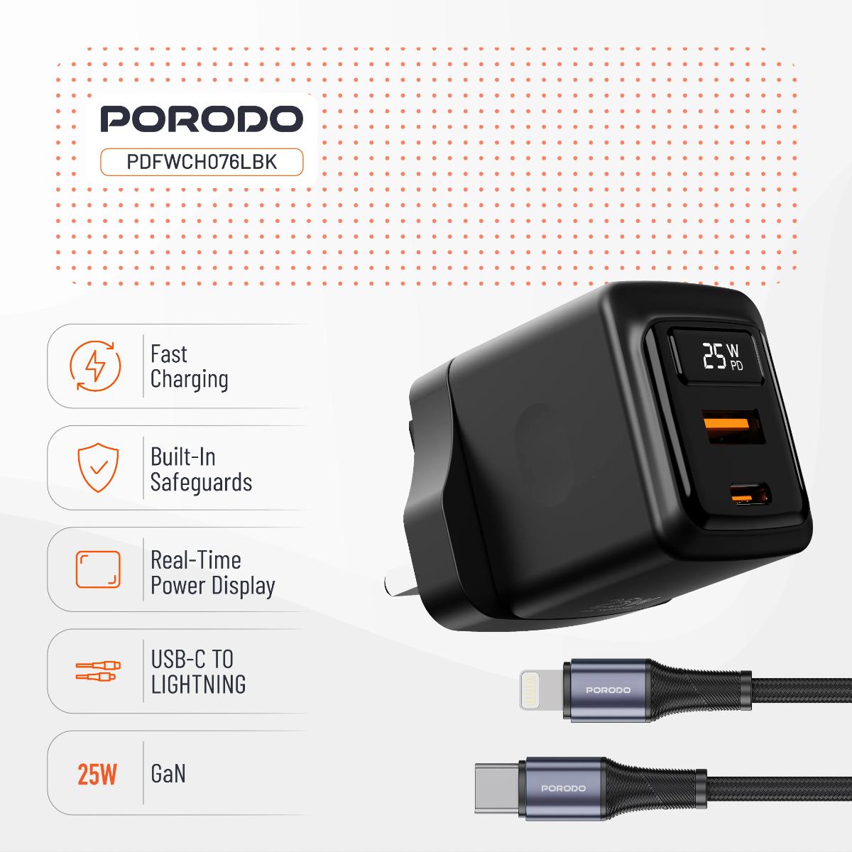 Porodo 25W GaN Dual-Port Charger & Lightning Cable Kit