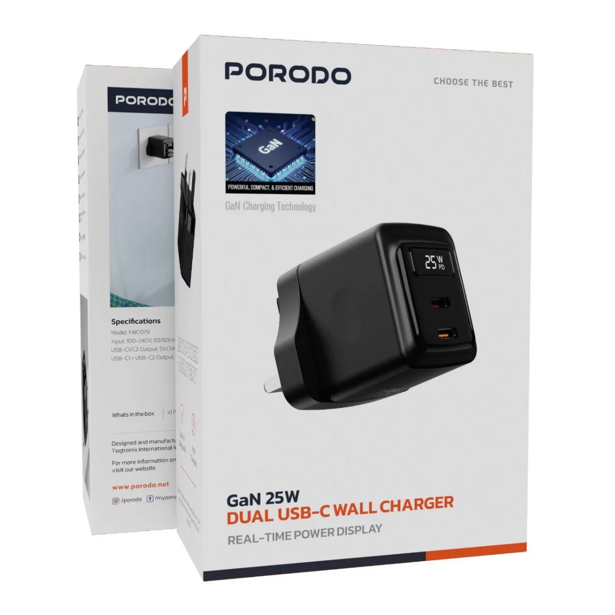 Porodo GaN 25W Dual USB-C Wall Charger