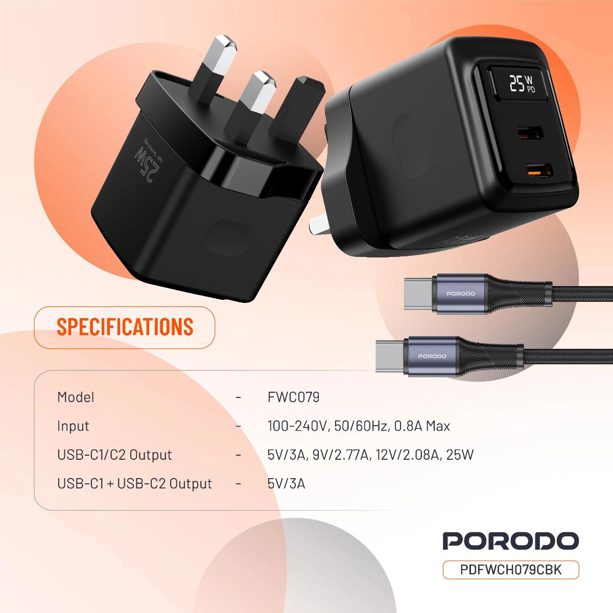 Porodo 25W Dual USB-C GaN Wall Charger