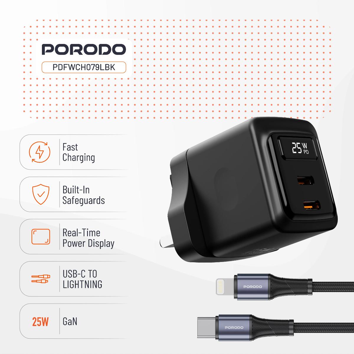Porodo 25W Dual USB-C GaN Charger + Lightning Cable