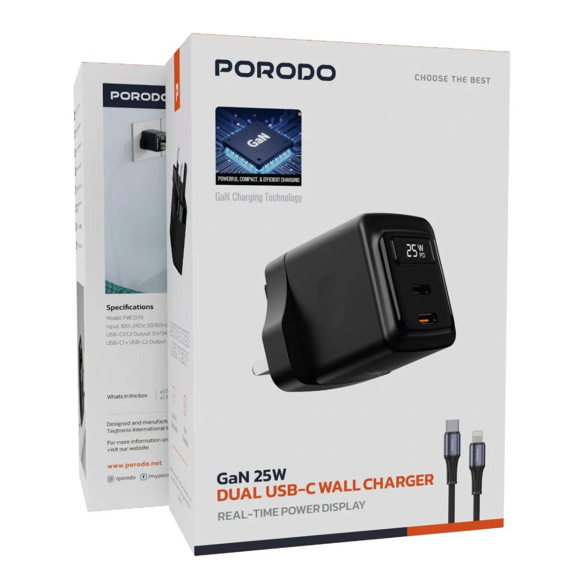 Porodo 25W Dual USB-C GaN Charger + Lightning Cable