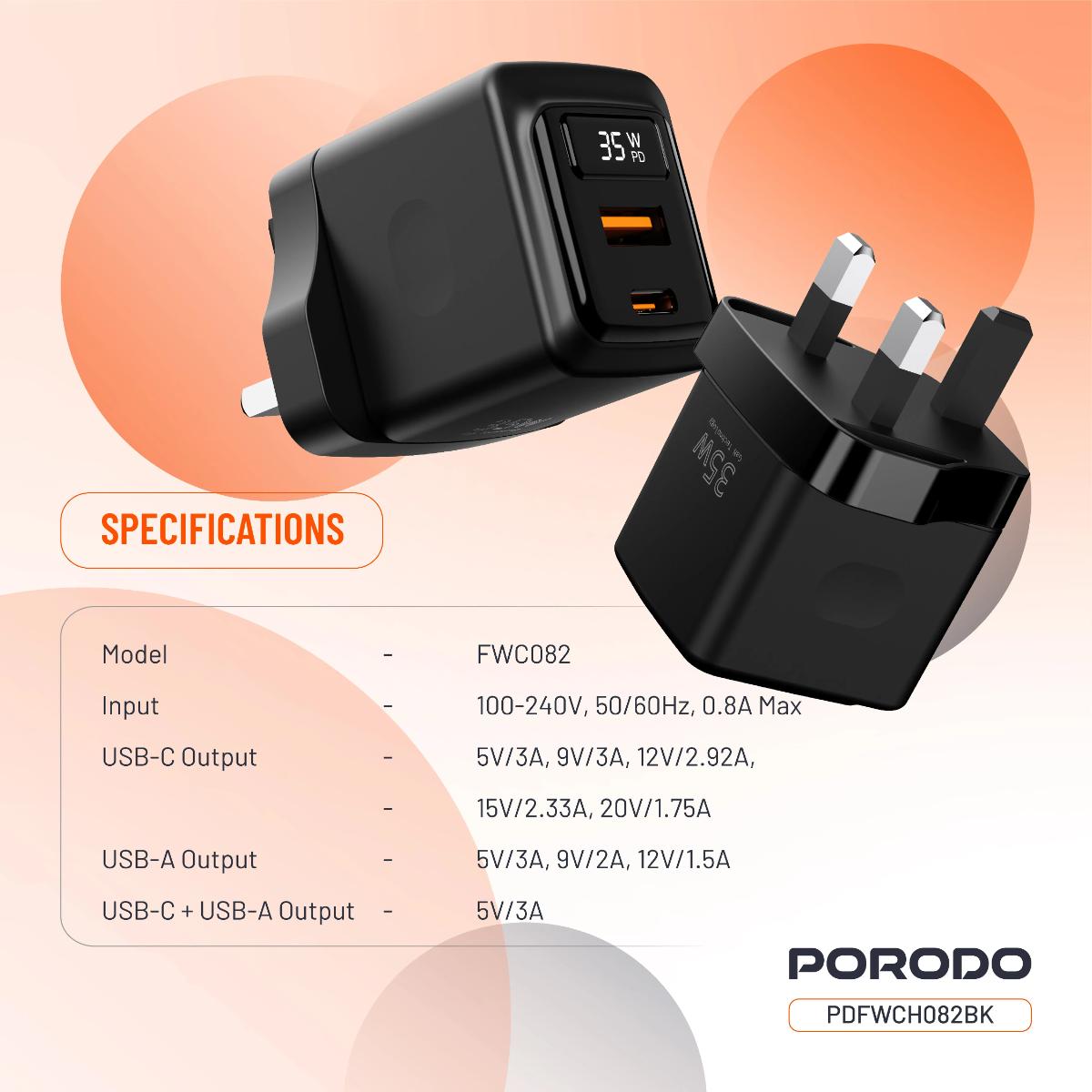 Porodo GaN 35W Dual Port Wall Charger