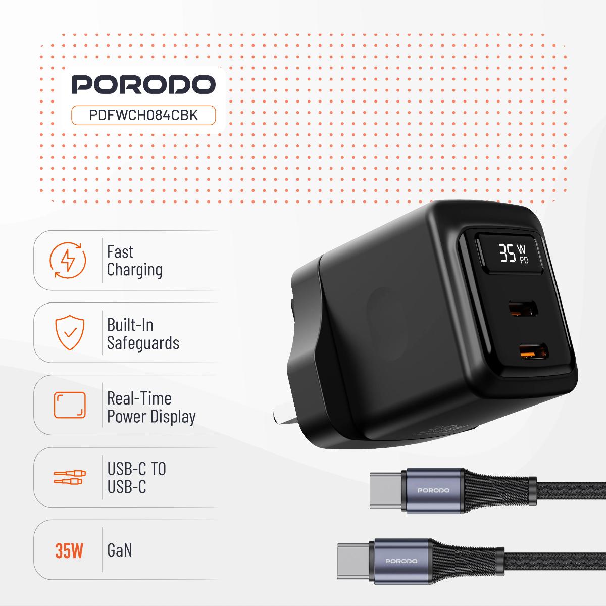 Porodo 35W Dual USB-C GaN Wall Charger