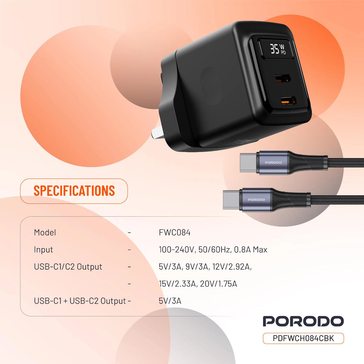 Porodo 35W Dual USB-C GaN Wall Charger