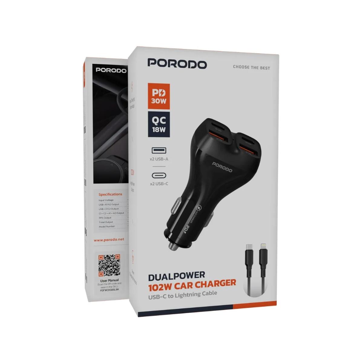 Porodo 102W High-Speed 4-Port Car Charger & Lightning Cable