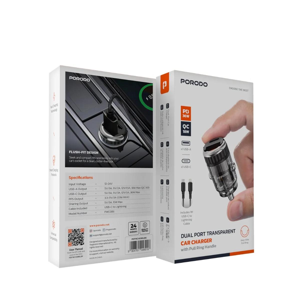 Porodo Dual Port Transparent Car Charger