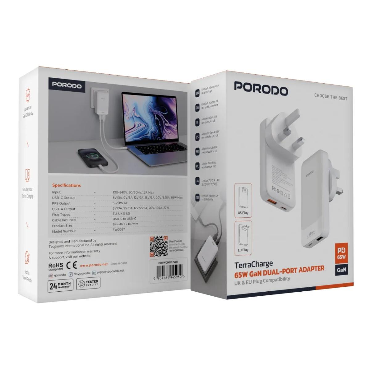 Porodo TerraCharge 65W GaN Dual-Port Wall Charger