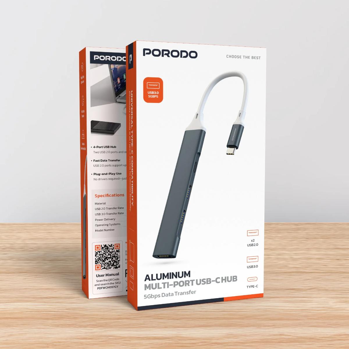 Porodo 4-Port Aluminum USB-C Hub