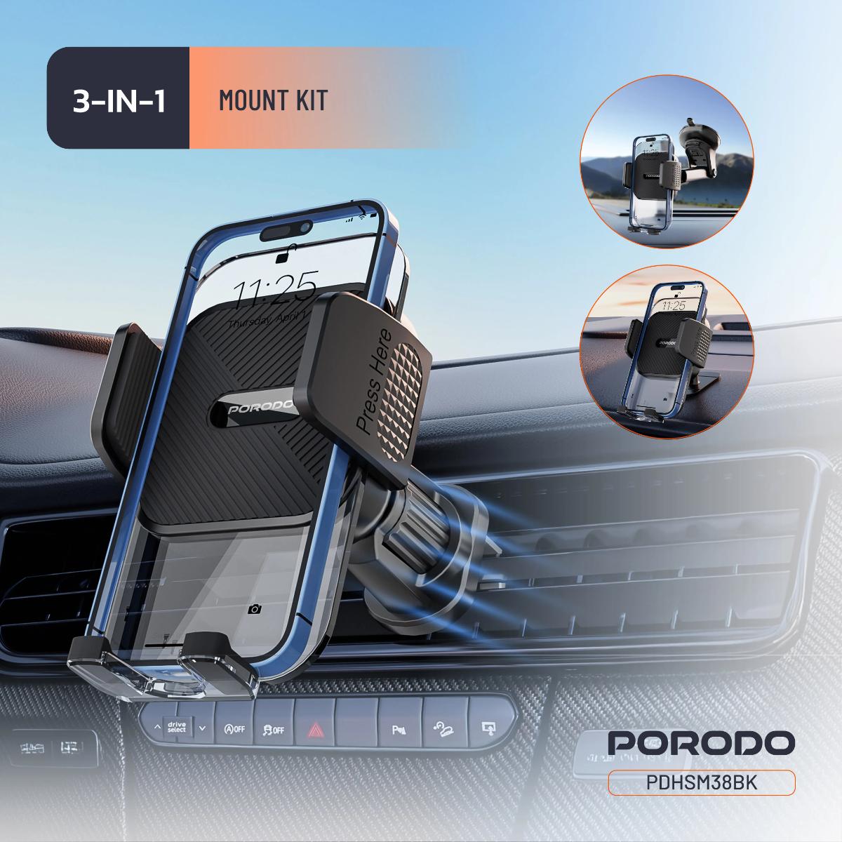 Porodo 3-in-1 Mount Kit Multi Functional Phone Holder