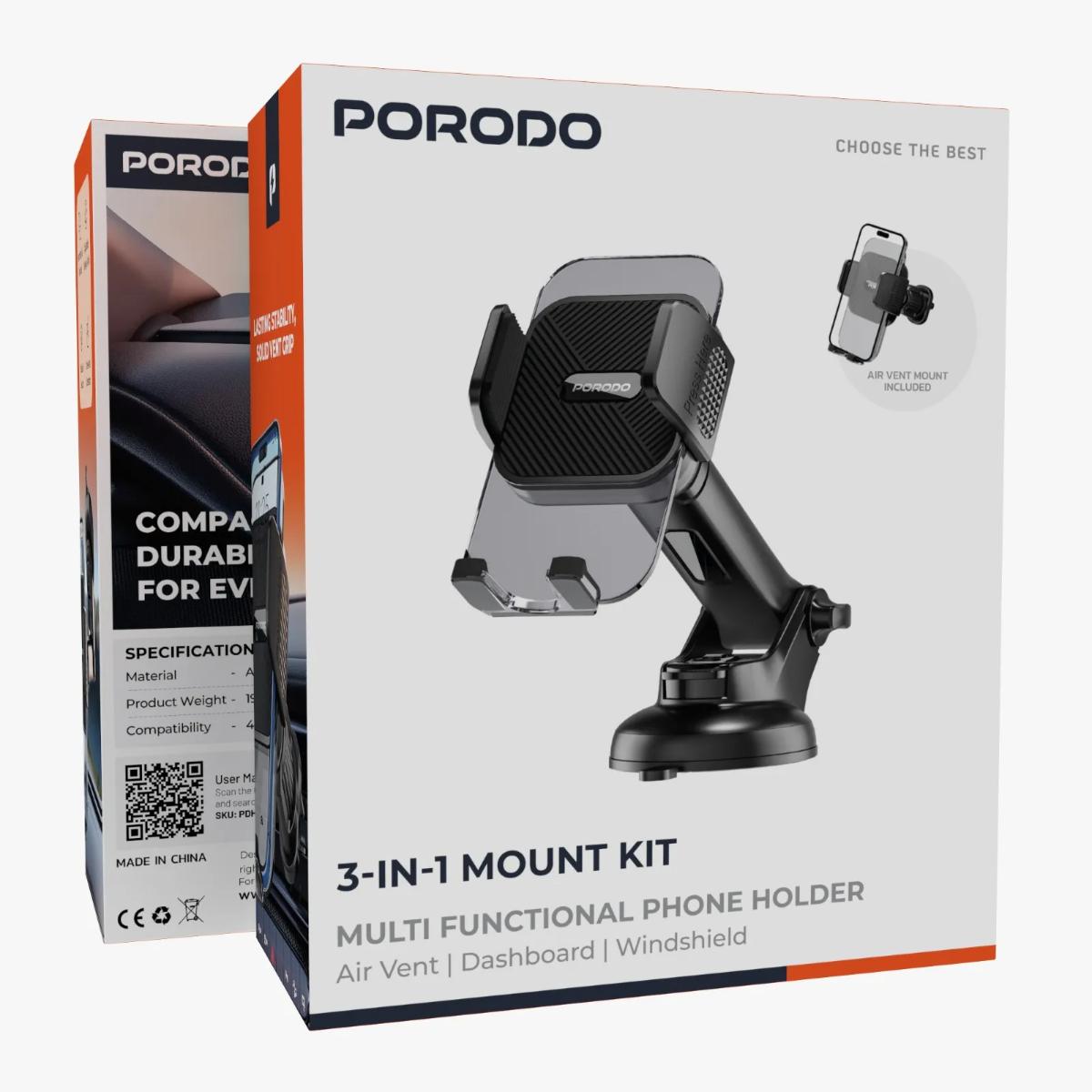Porodo 3-in-1 Mount Kit Multi Functional Phone Holder