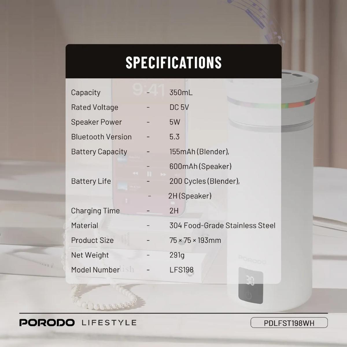 Porodo Fluxmix 350ML Stirring Cup with Speaker
