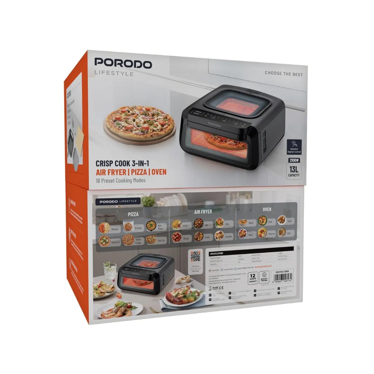 Porodo Lifestyle Crisp Cook 3-In-1 Air Fryer, Pizza, Oven