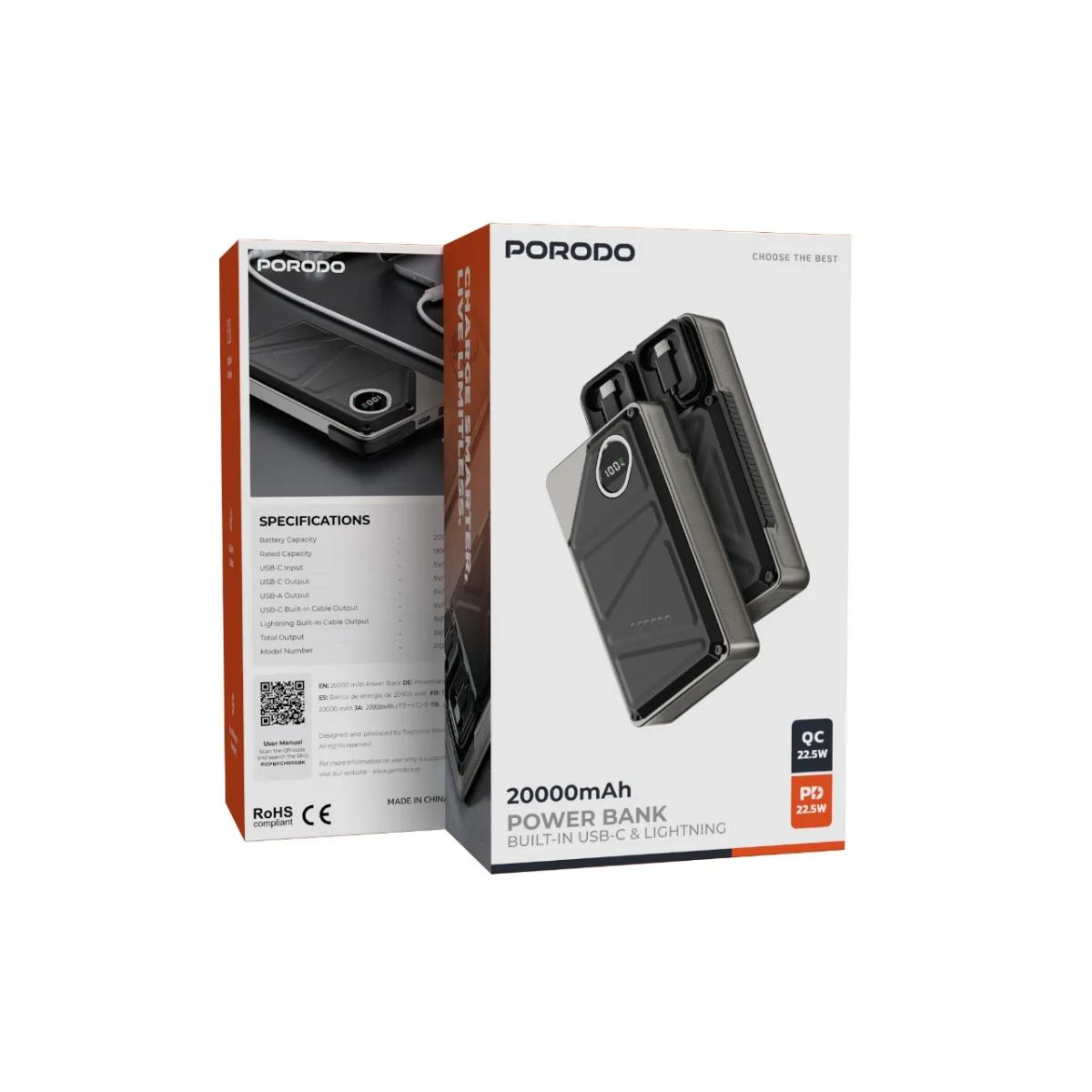 Porodo 20,000mAh Power Bank with Built-In USB-C & Lightning Cables