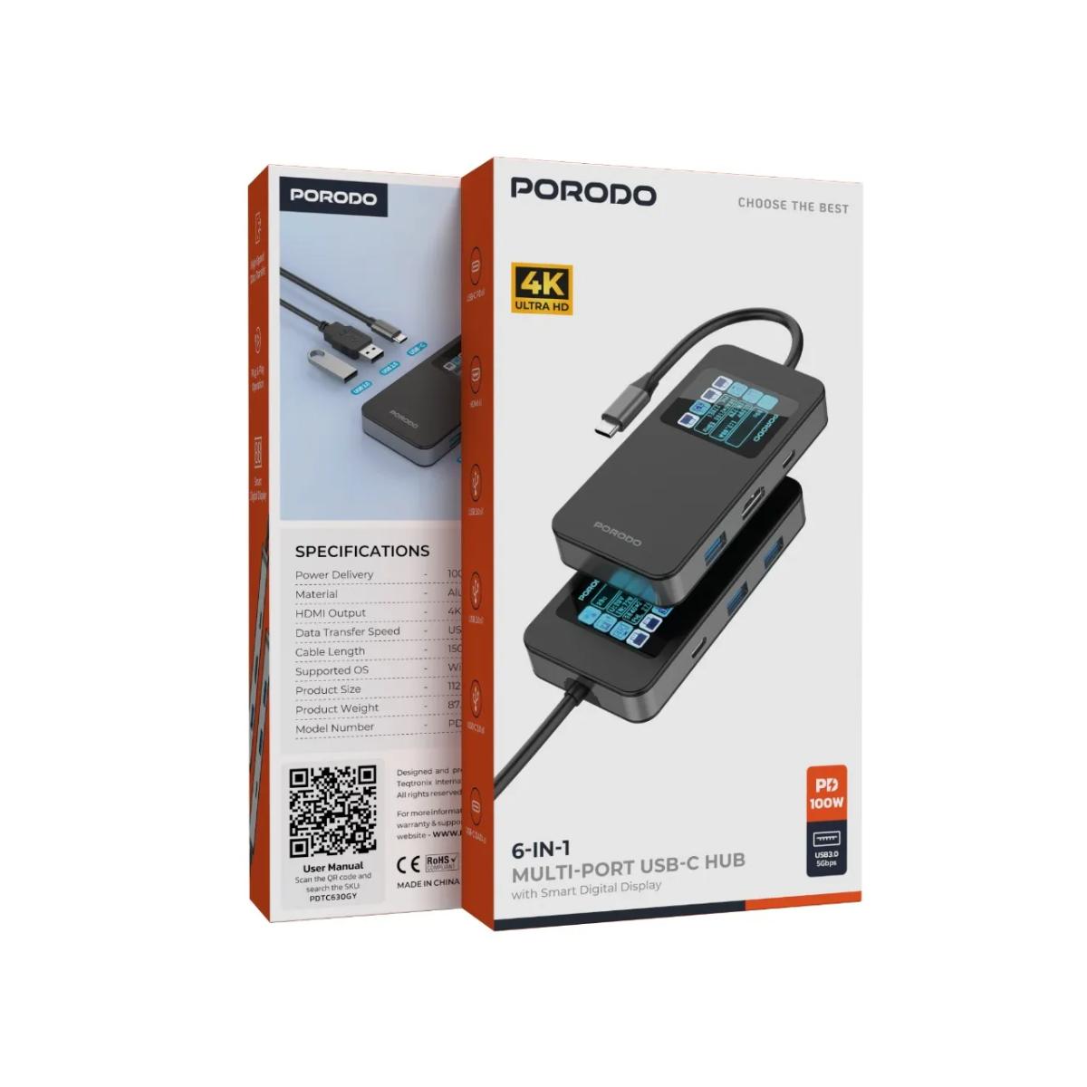 Porodo 6 IN 1 Multi-Port USB-C Hub